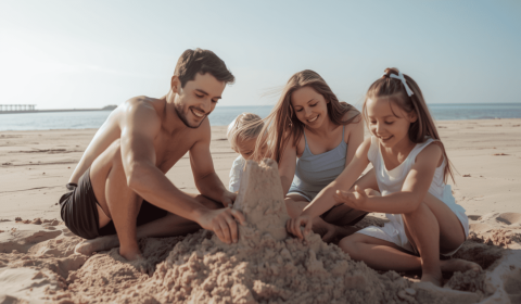 media.famiglia con castello di sabbia
